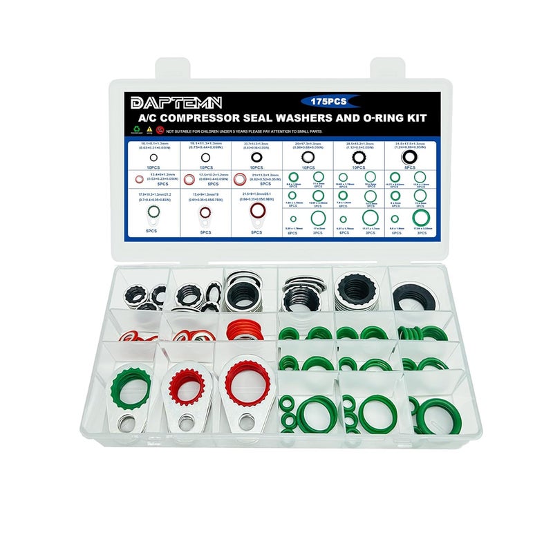 Daptemn 175 PCS A/C Compressor System Seal Washers Kit, 12 Size Air Conditioning Gasket and 18 Size Car AC O Rings, Universal Vehicle Repairs Automotive Self-Centered Washer - Image 1